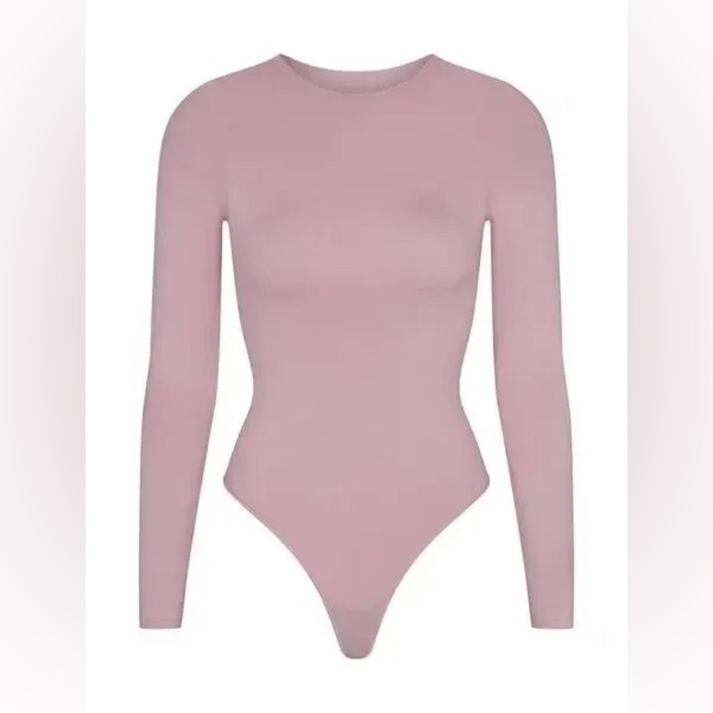 Skims DUSK Long Sleeve Bodysuit XXS/XS w snaps Raw Neck Cut Mock High Neck Pink
